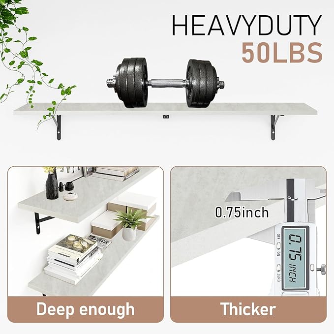 Kaboon 55 inch Long 10 inch Deep Floating Shelves for Wall Set of 2, Large Open Shelves Wall Mounted, Space Saving Home and Commercial Use, Sea Salt/Greyish White