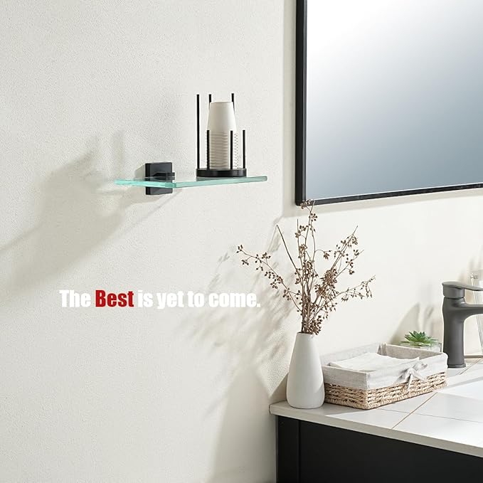 JQK Bathroom Glass Shelf Black, Tempered Glass Shower Storage 8 by 5 inches, 304 Stainless Steel Matte Black Wall Mount, TGS201L8-PB