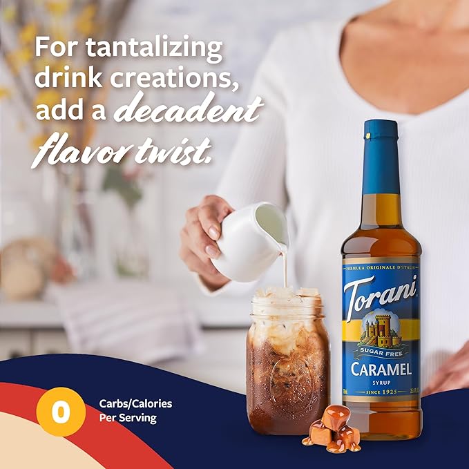 Torani Sugar Free Coffee Syrup, Caramel Syrup for Drinks, Zero Calorie, Pump Included, 25.4 Fl Oz