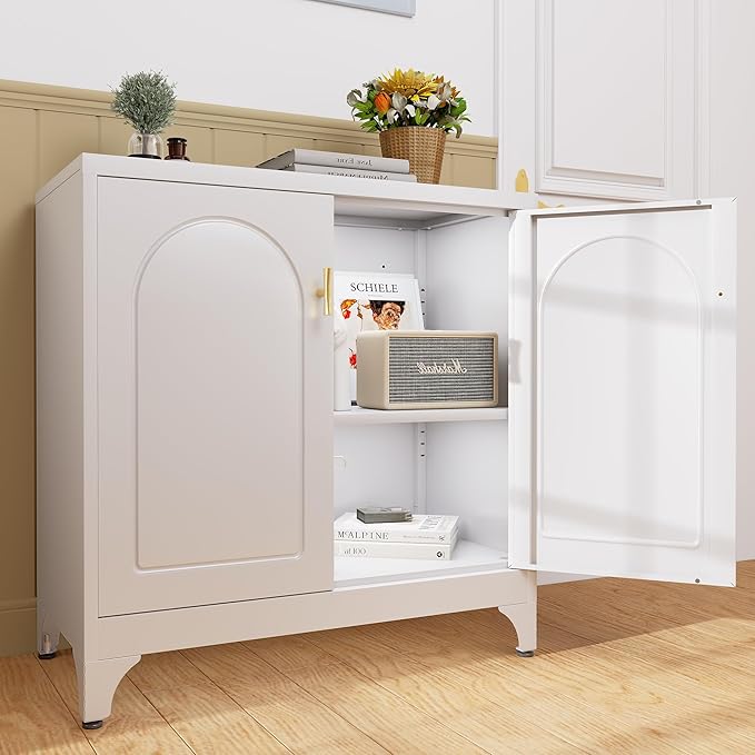 Buffet Cabinet with Storage, 33" H Side Board Storage Cabinet with Doors and Shelves, Metal Sideboard Cabinets for Dining Room, Living Room, White