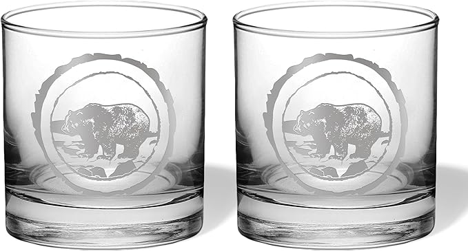 Bear Grizzly Brown Hunting Gifts for Hunters and Outdoorsman Bear Whiskey Glass with Coaster Rustic Décor for Mountain Cabin Lake House Beer Pint Glass Dad (Bear, Double Whiskey Glass)