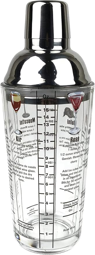 14 oz Recipe Glass Cocktail Shaker With Jigger & Strainer Top - Includes 6 Cocktail Drink Recipes (Wine Theme)