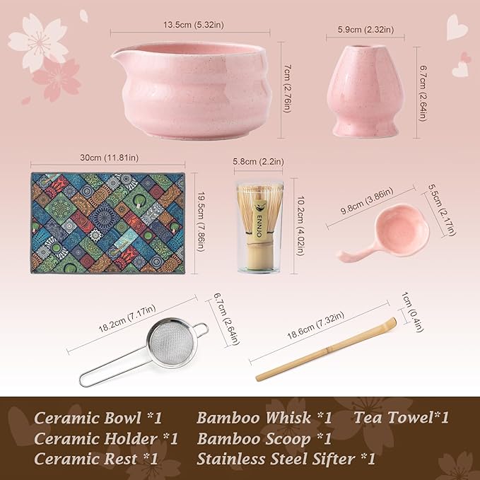 7 Pcs Matcha Kit, Matcha Bowl with Spout, Bamboo Whisk And Scoop, Ceramic Holder And Scoop Rest, Stainless Steel Sifter, Tea Towel. Speckled Pink Glaze Matcha Whisk Set for Beginners And Gifting