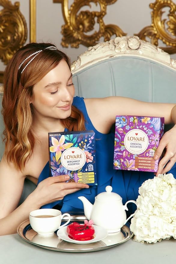 LOVARE Oriental Assorted Tea Variety Pack 32 Pack - Black tea blend, Made in Ukraine - Tea Bags Individually Wrapped - Turkish Delight, Aladdin Lamp, Love Blossom, Night Beautea - Assorted Tea Bags Variety Pack