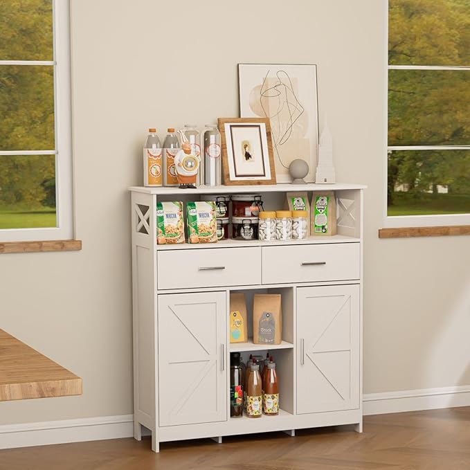 Storage Cabinet Coffee Bar Cabinet with 2 Adjustable Shelves 2 Drawers and 2 Doors for Bathroom/Kitchen/Living Room (White)