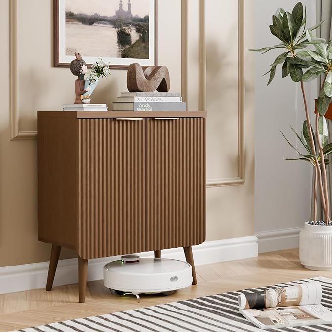 23.6" Wood Fluted Sideboard with 2 Doors, Modern Small Buffet Cabinet with Shelves, Multi-Space Storage Credenza Kitchen for Entryway, Dining & Living Room, Walnut