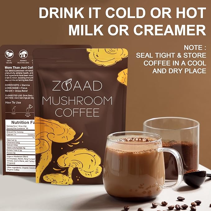 Mushroom Coffee, Organic 6 Mushrooms with Lion's Mane & Cordyceps Coffee for Sustained Energy, Mental Focus, Digestion & Immune Support, Instant Powder Coffee Low Caffeine, 6.35 Ounce 1 Pack