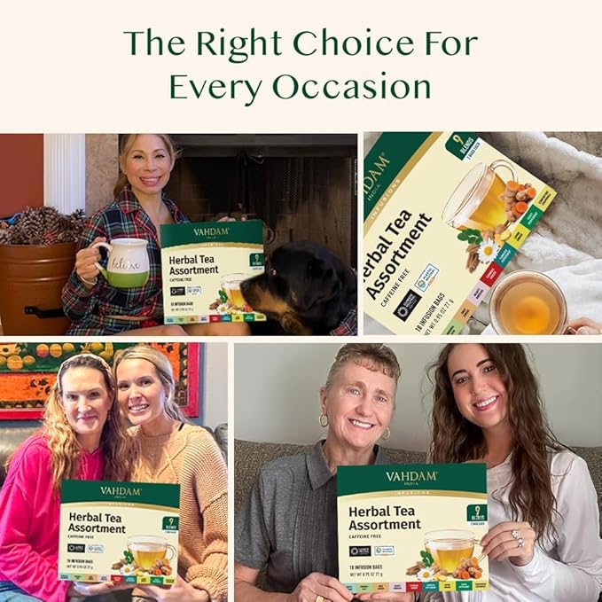 VAHDAM, Assorted Herbal Tea Gift Set (18 Tea Bags, 9 Flavors) Caffeine-Free, Non-GMO | Double Infusion, Individually Enveloped Tea Bags | Herbal Tea variety Pack | Christmas Tea Gifts for Women & Men