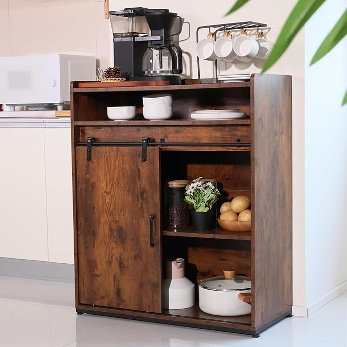 ALBAD Coffee Bar Cabinet/Table, 32" Buffet Sideboard with Sliding Barn Door and Storage Shelves, Farmhouse Wood Kitchen/Accent Storage Cabinet Brown Walaut