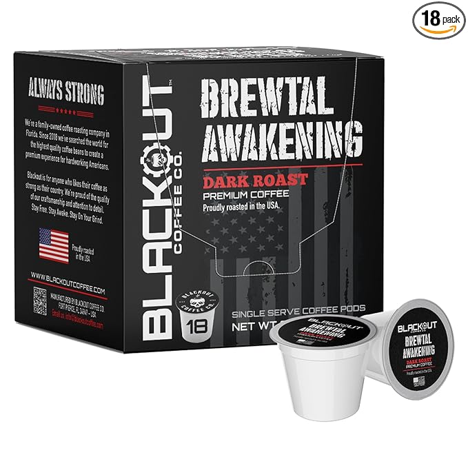 Blackout Coffee Brewtal Awakening Dark Roast Coffee – HIGH CAFFEINE, Bold & Strong, Fuel Your Mission – 18 Count Coffee Pods