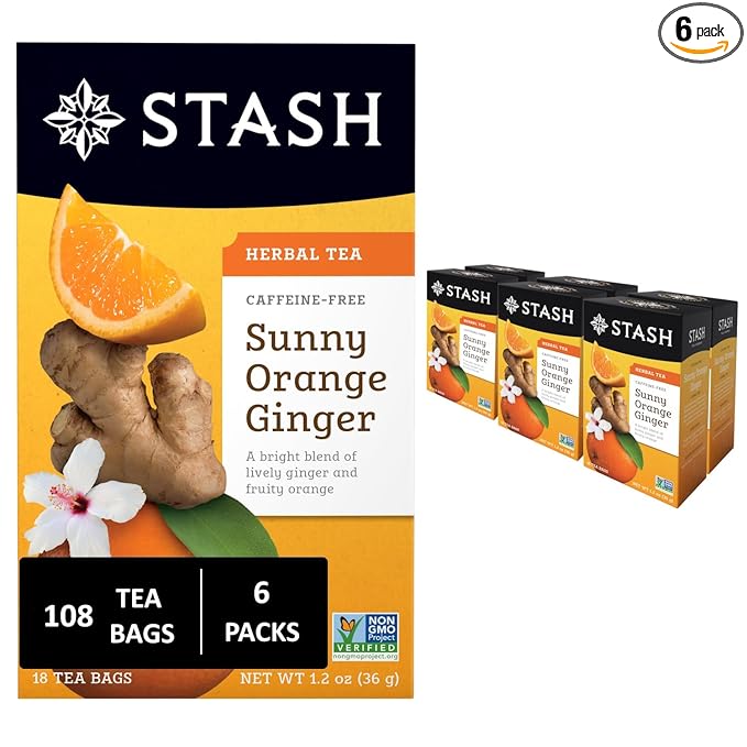 Stash Tea Sunny Orange Ginger Herbal Tea - Naturally Caffeine Free, Non-GMO Project Verified Premium Tea with No Artificial Ingredients, 18 Count (Pack of 6) - 108 Bags Total