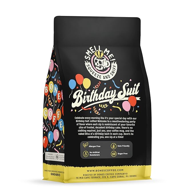 Bones Coffee Company Birthday Suit, Birthday Cake Flavored Coffee, Medium Roast Low Acid Arabica Beans Compatible with Auto drip and French Press Coffee Maker, 12 Oz Whole Bean