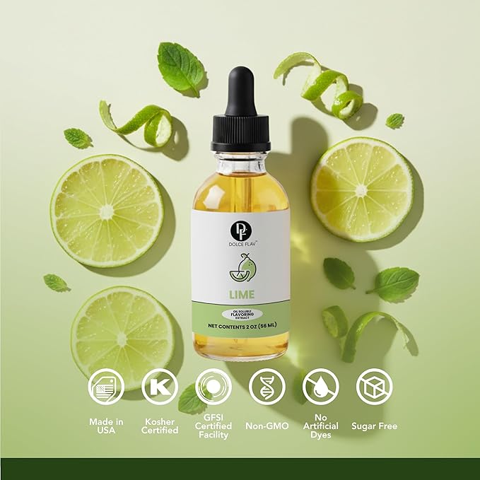 Dolce Flav Natural Lime Extract – 2 Ounce Oil-Soluble Kosher, Sugar-Free, Concentrated Citrus Lime Flavor for Candy, Chocolates & Desserts, Includes Measured Dropper