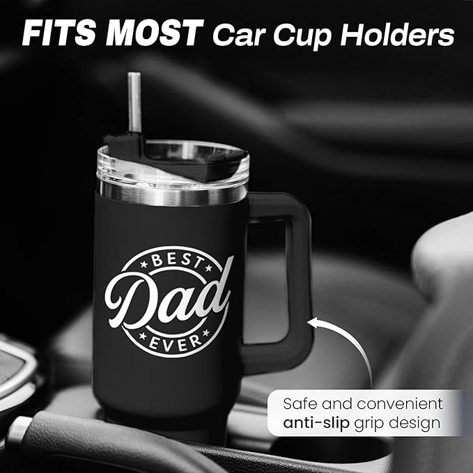 SANDJEST Best Dad Ever Tumbler with Handle - 40oz Stainless Steel Insulated - Dad Gifts for Daughter & Son - Coffee Tumbler for Father's Day, Birthday, Christmas - Cup Gift Set with Lid & Straw