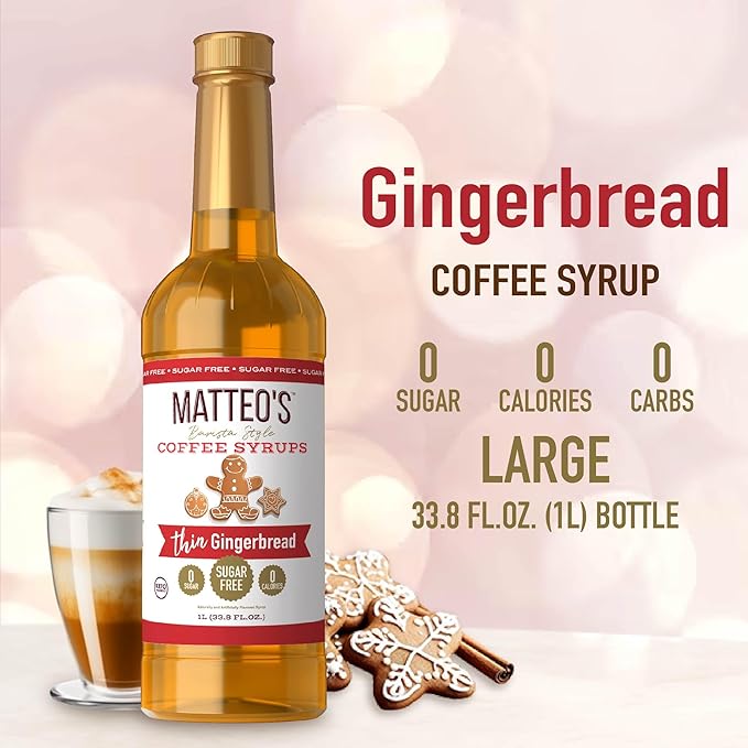 Matteo's Gingerbread Syrup for Coffee, Lattes, Cappuccinos & Desserts – Sugar-Free Sweetener for Beverages, Keto Friendly, Zero Calories, Indulgent Flavor, Non-Alcoholic, Ideal for Coffee 33.8oz (1pk)