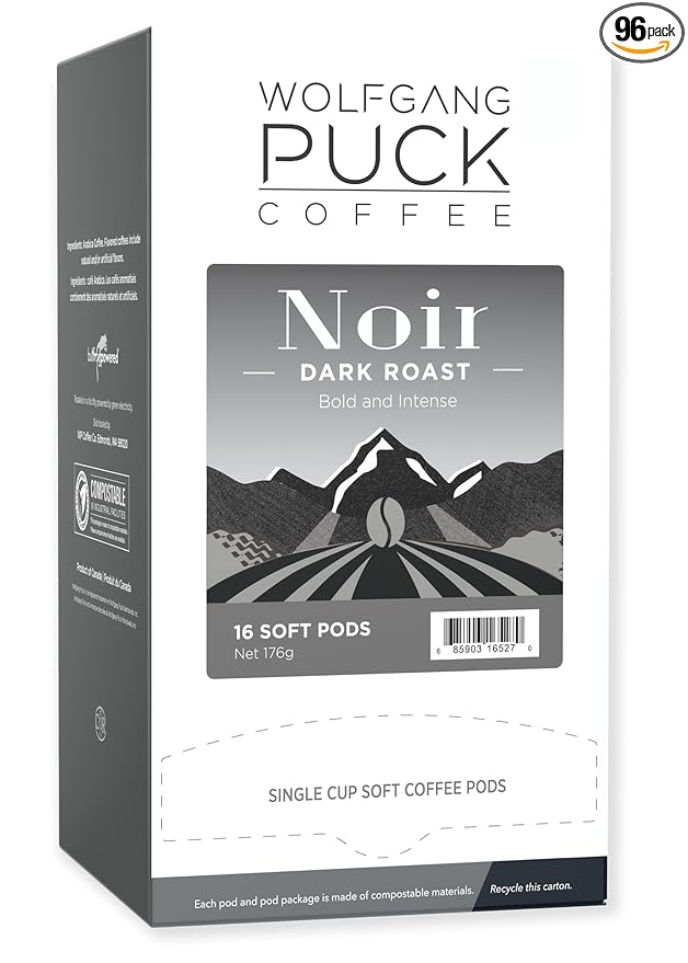 Wolfgang Puck Coffee, Noir, 12 Gram Soft Pods, 16 Count (Pack of 6)