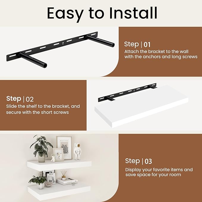 White Floating Shelves 24 Inch Long, 9.3 Inch Deep Floating Shelves for Wall, Rustic Solid Wood Shelves, Deep Wall Shelves for Living Room, Bedroom, Kitchen, 24"W x 9.3"D x 1.6"H, Set of 2