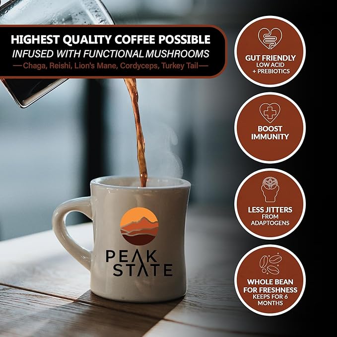 Peak State Coffee with Benefits, Medium Roast – Mushroom Coffee, Low Acid & Smooth, Dark Chocolate & Sweet Grape, Organic Whole Bean, Gluten Free, 10 Single Serve Brew Bags