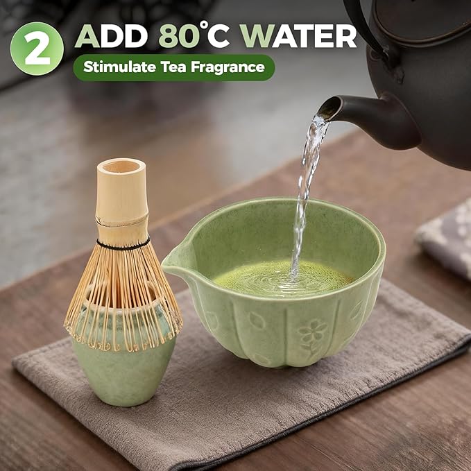 Matcha Whisk Set-5pcs, 16OZ Japanese Tea Set Includes Matcha Bowl with Spout, Bamboo Whisk with Ceramic Holder, Bamboo Scoop and Stainless Steel Sifter