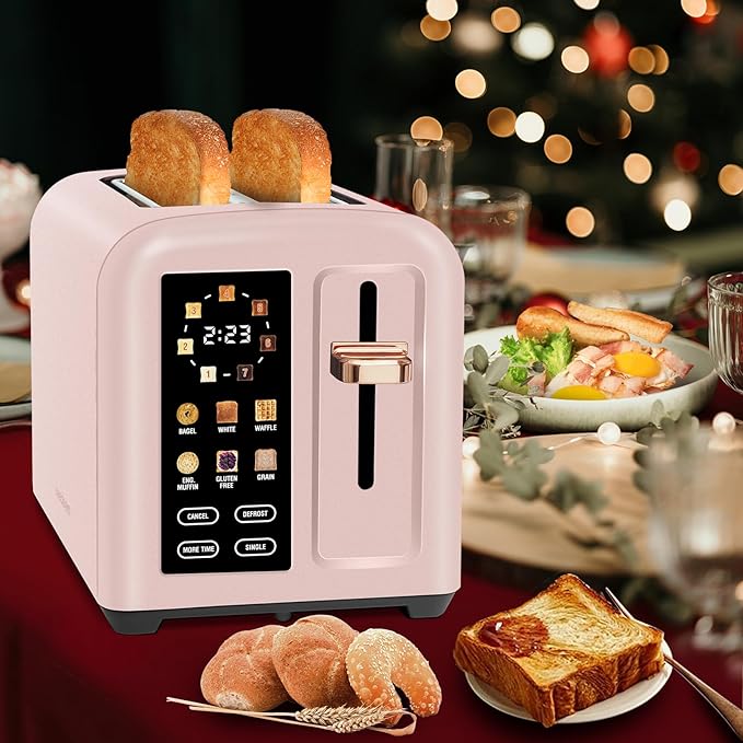 SEEDEEM Toaster 2 Slice, Touch Control Stainless Toaster LCD Display, 50% Faster Heating Speed, 1.4'' Wide Slots, More Timer Functions, Removable Crumb Tray, 1350W, Crystal Pink
