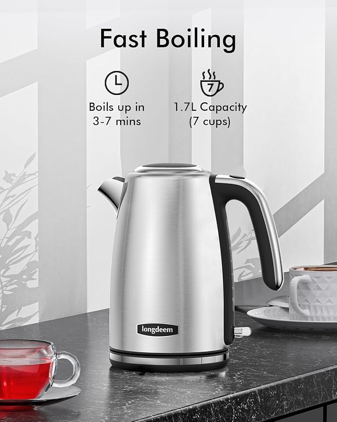 Electric Kettle Stainless Steel - 1.7L 1500W, Auto Shutoff, Fast Boil