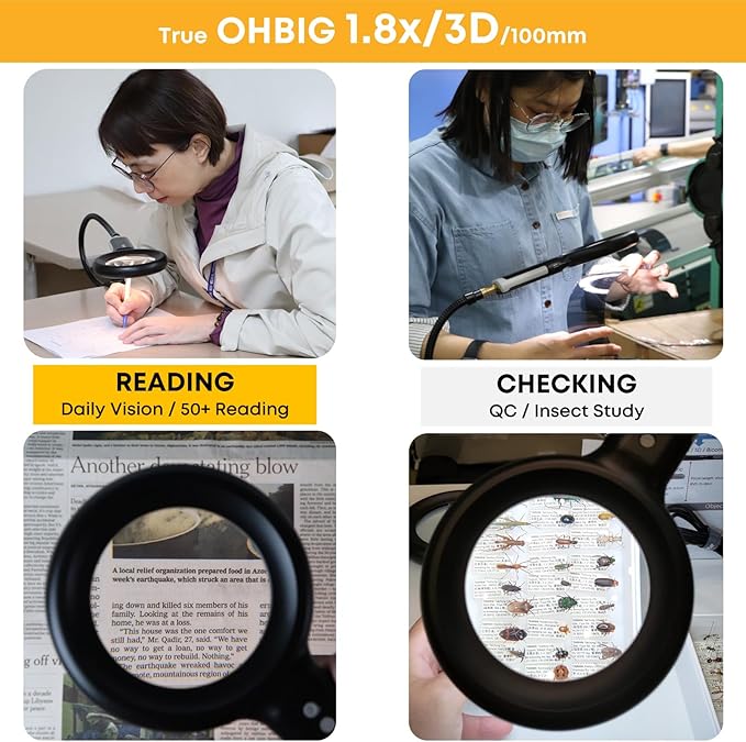 HWATANG OHBIG x MADWORKS 1.8x/3D/100mm Dimming Toning LED Magnifying Glass - K9 White Glass, Model Assembly, Soldering, Ra 94 Ring Light, 50+ Seniors Reading Magnifier (Handheld)