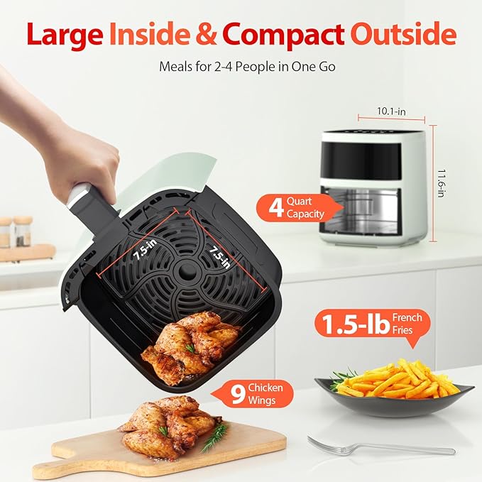 Air Fryer, Beelicious 8-in-1 Smart Compact 4QT Air Fryers with Viewing Window, Shake Reminder, 450°F Digital Airfryer with Flavor-Lock Tech, Dishwasher-Safe & Nonstick, Fit for 1-3 People, Avo Green