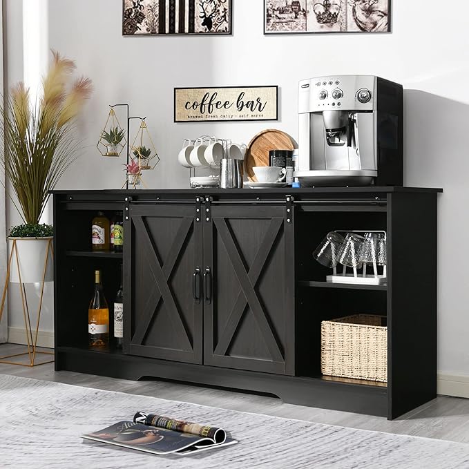 4 EVER WINNER Farmhouse Coffee Bar Cabinet, 59" Large Kitchen Storage Cabinet with Sliding Barn Doors, Buffet Cabinet with Storage Cupboard for Kitchen, Dining Room, Espresso