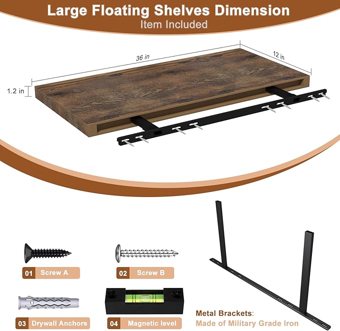 12 Inch Deep Floating Shelves for Wall 3 Pack Floating Shelfs Large Storage Space Wall Decor Display Shelf for Bathroom Living Room Bedroom Kitchen 36" W x 12" D x 1.2" H Rustic Brown