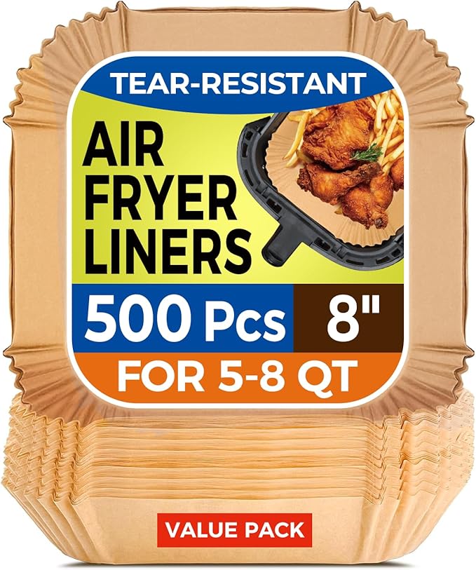 500 Pcs Air Fryer Paper Liners, 8" Square Air Fryer Liners Disposable, Heavy-Duty Parchment Paper for 5-8 qt Airfryer Basket, Non-Stick & Grease-Proof Baking Liner for Oven Pan