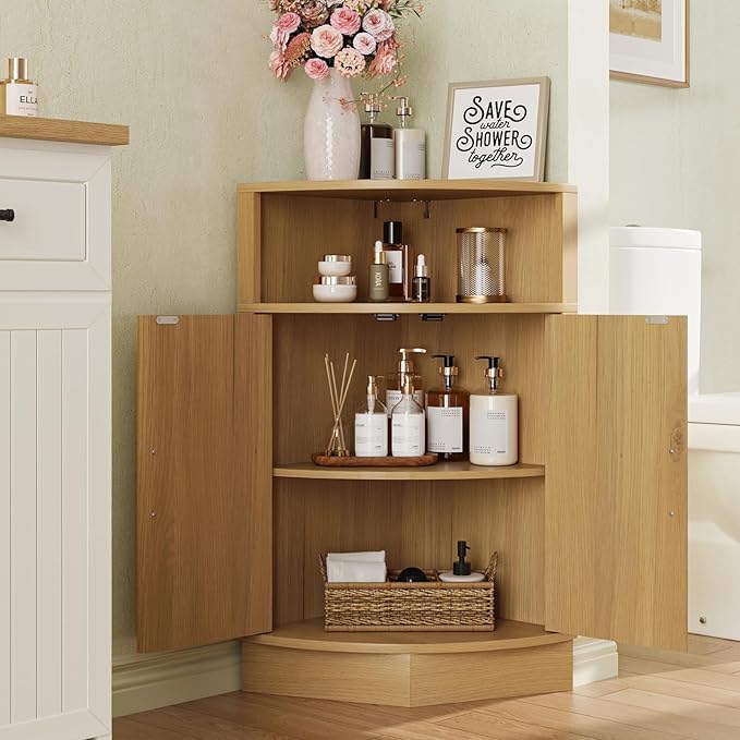 Corner Bathroom Cabinet, Modern Small Corner Cabinet with Fluted Door and Open Shelf, Space Saver for Bathroom, Living Room, Kitchen, Natural
