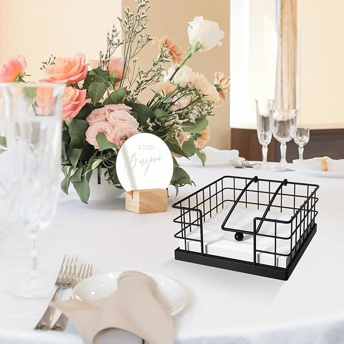 Homode Napkin Holders for Paper Napkins, Farmhouse Napkin Holder for Table, Flat Napkin Basket with Weighted Arm, Square Napkin Dispenser for Kitchen, Black