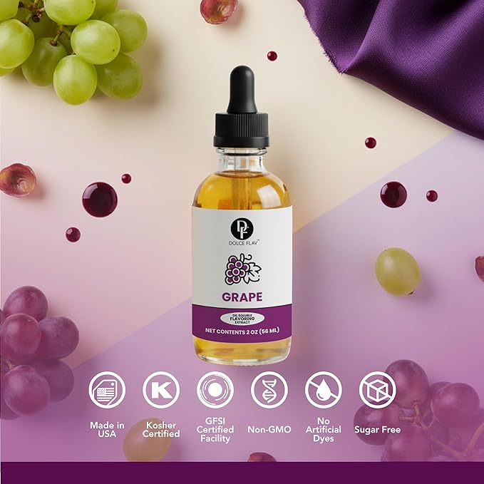 Dolce Flav Grape Extract – 2 Ounce Oil-Soluble Kosher, Sugar-Free, Concentrated Fruit Flavor for Candy, Chocolates & Desserts, Includes Measured Dropper