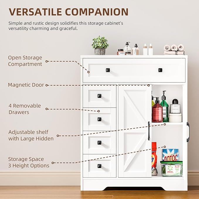 Vabches Farmhouse Storage Cabinet with 2 Doors and 5 Drawers, Freestanding Bathroom Cabinets Kitchen Pantry, Floor Storage Cabinet Hutch Cupboard for Living Room/Bathroom/Kitchen.White