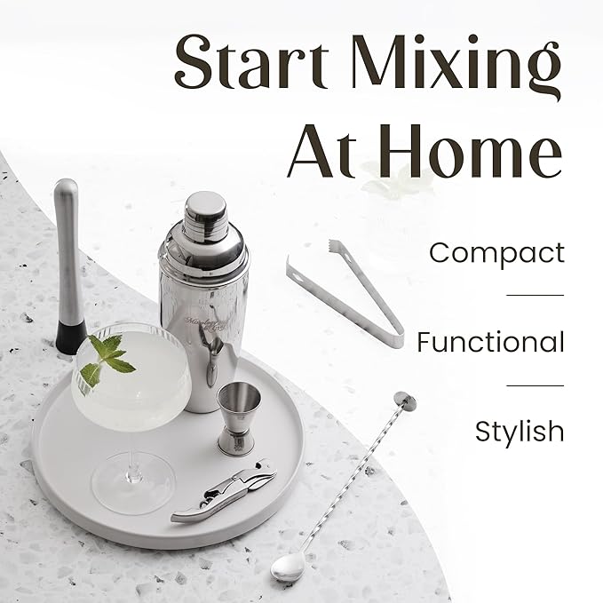 Modern Mixology 8-Piece Cocktail Shaker Set, 24oz Stainless Steel Bartender Kit with Velvet Giftable Bag, Curated Travel Cocktail Kit for Hosting Essentials (Silver)