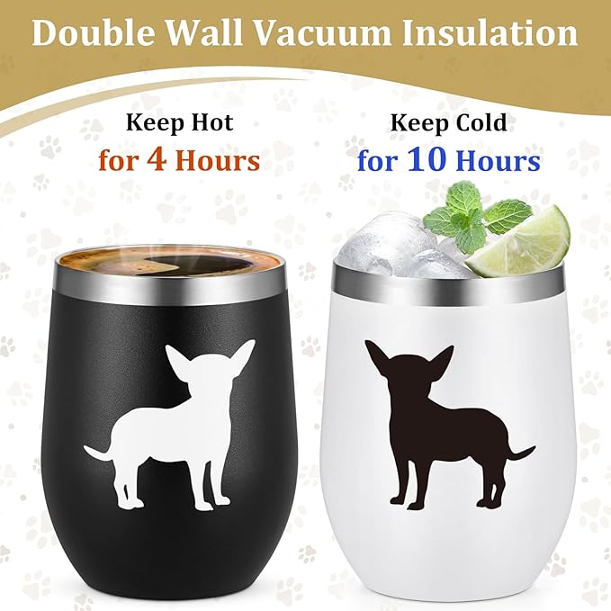 Lifecapido Chihuahua Gifts, Chihuahua Silhouette 12oz Stainless Steel Wine Tumbler Set of 2, Birthday Gifts Christmas Gifts for Dog Lovers Dogs Parents Dogs Mom Dog Dad, Black and White