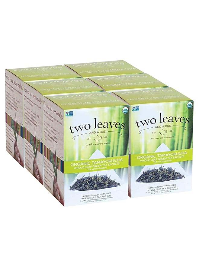 Two Leaves and a Bud Organic Tamayokucha Tea Bags, Whole Leaf Tea in Compostable Sachets, Japanese Green Tea, Light Flavor, 15 Count (Pack of 6)