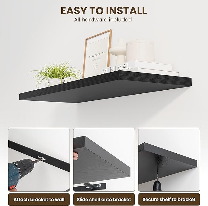 Dreamland 32" Floating Shelves for Wall, 12" Deep Slim Black Floating Shelves, Wall-Mounted Shelves for Bedroom, Living Room, Kitchen, Bathroom - Set of 2