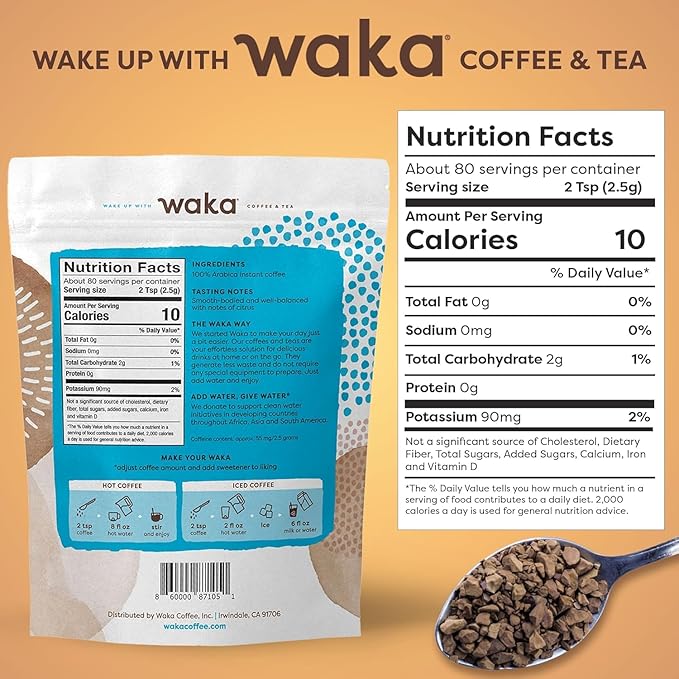 Waka Premium Instant Coffee Pouch — 100% Colombian Arabica Freeze Dried Beans — For Hot or Iced Coffee (8 Ounces, Medium Roast)