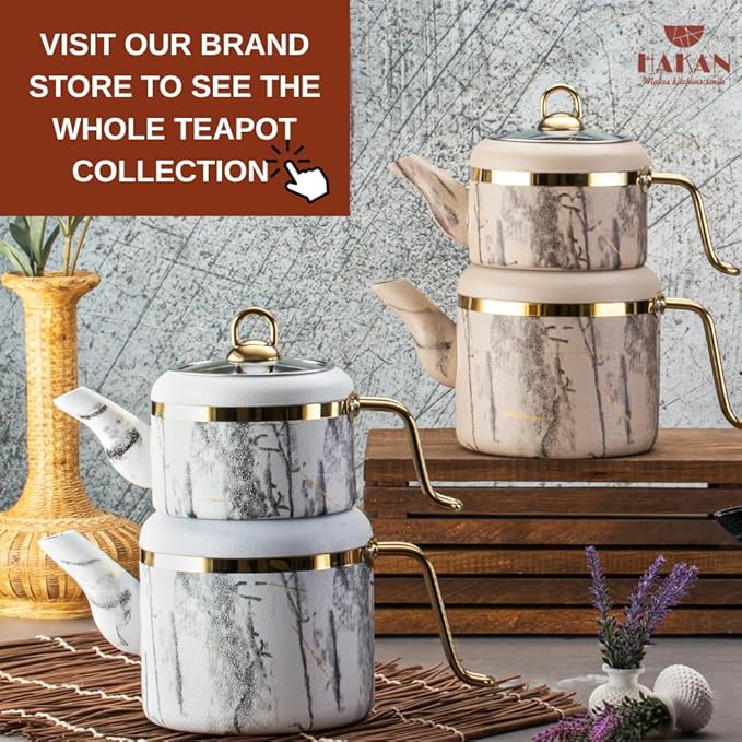 Hakan Melody Turkish Tea Pot Set | 3.5 L Tea Kettles for Stovetop with Stainless Steel Handless and Glass Lid | Aluminum Body Tea Maker | Double Stovetop Kettles with Granite Cover (cream)