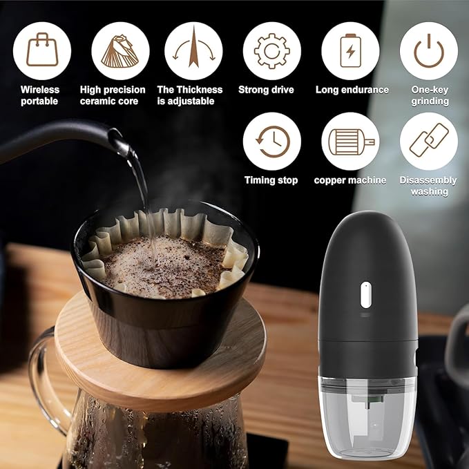 Portable Electric Coffee Grinder， Upgraded Adjustable Fine to Coarse Settings, Stainless Steel Conical Burr Rechargeable and Faster Grinding for Office,Home,Camping,Travel,Black