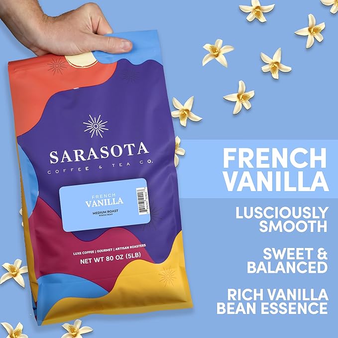 Sarasota Coffee Whole Bean French Vanilla | Medium Roast Gourmet Flavored Coffee Beans | Low Acid, Mold Free, Specialty Grade Bulk Beans | 5lb (80 oz)