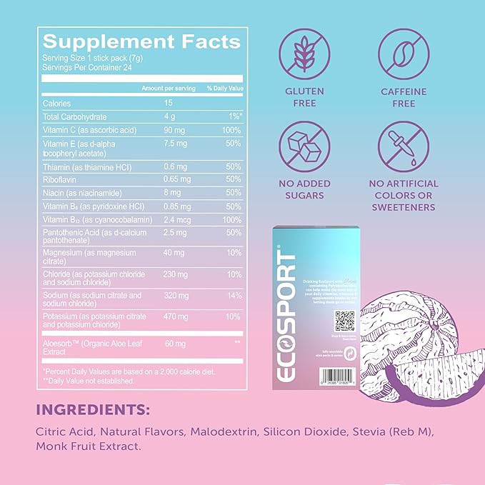 EcoSport Instant Hydration Packets, Watermelon – Electrolytes, Vitamin C, B Vitamins & Aloe Vera, 24 Stick Packs/Box, 0.25 Oz Ea