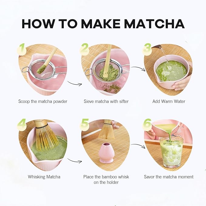 Pink Traditional Matcha Whisk Set, 5 Pcs Japanese Matcha Kit with Chawan Ceramic Bowl with Spout, Chasen Bamboo Whisk and Holder, Scoop, Sifter - Matcha Set Kit Gift for Ceremony Matcha Lattes Lover