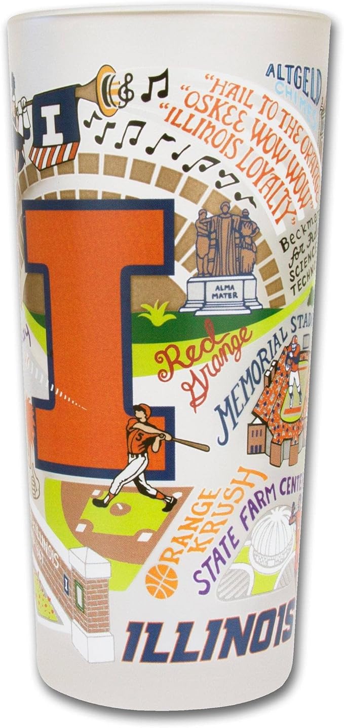Catstudio Drinking Glass, University of Illinois Glass Cup for Kitchen, 15oz Dishwasher Safe Tumbler for UIUC & UIC Alumni