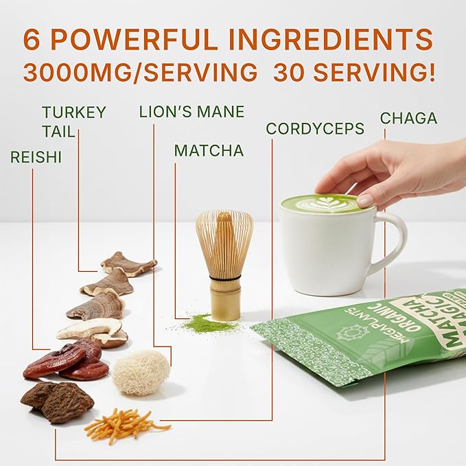 Mushrooms Matcha Magic - USDA Organic Ceremonial Grade Japanese Matcha (30 Serving)- with Reishi, Lion’s Mane, Chaga, Cordyceps & Turkey Tail – Superfood for Focus & Energy.