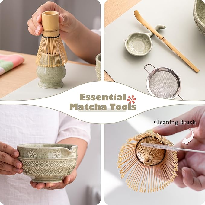 Matcha Tea Set, 8 Pcs Japanese Matcha Kit with Cherry Blossom and Wave Design Ceramic Bowl, Bamboo Whisk, Whisk Holder, Scoop, Sifter, Brush, Matcha kit Set for Matcha Lovers (Matcha Green)