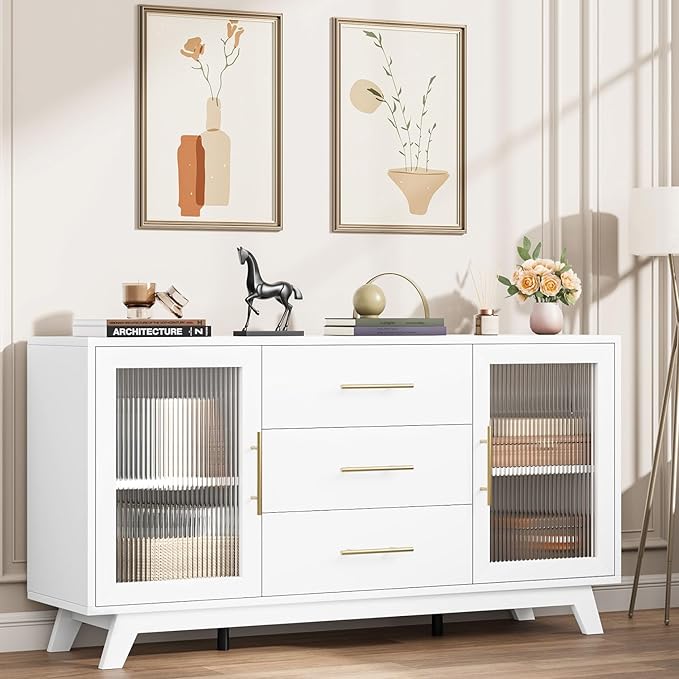 CABIHOME Buffet Cabinet, 56" Sideboard Buffet Storage Cabinet with Adjustable Shelves and Fluted Glass Door, Modern Coffee Bar, Table for Kitchen, Dining Room, White