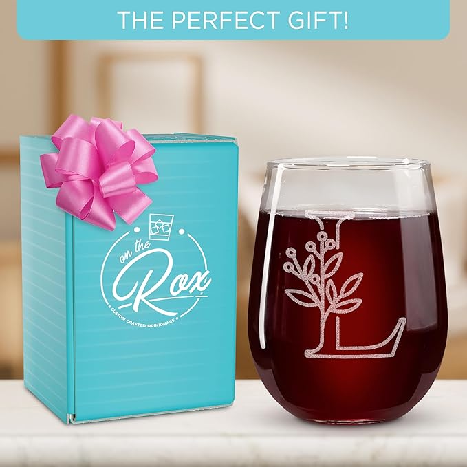 On The Rox Drinks Monogrammed Gifts For Women and Men - Letter A-Z Initial Engraved Monogram Stemless Wine Glass - 17 Oz Personalized Wine Gifts For Women and Men (L)