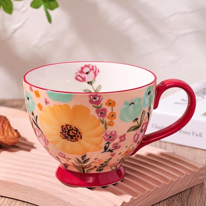 Autumn Handmade Large Ceramic Coffee Mug (20oz) Cute Cereal Vintage Flower Mugs Cozy Fall Gift Cup for Breakfast Oatmeal Tea & Hot Drinks with Floral Design